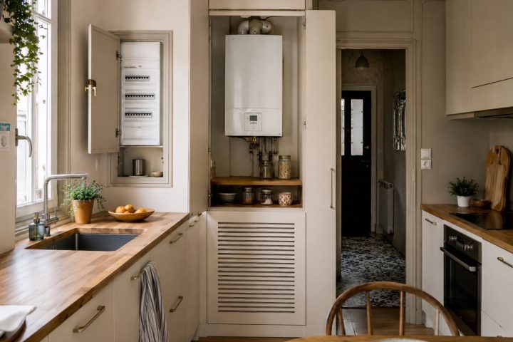 Organiser une cuisine quand le tableau électrique ou la chaudière gêne