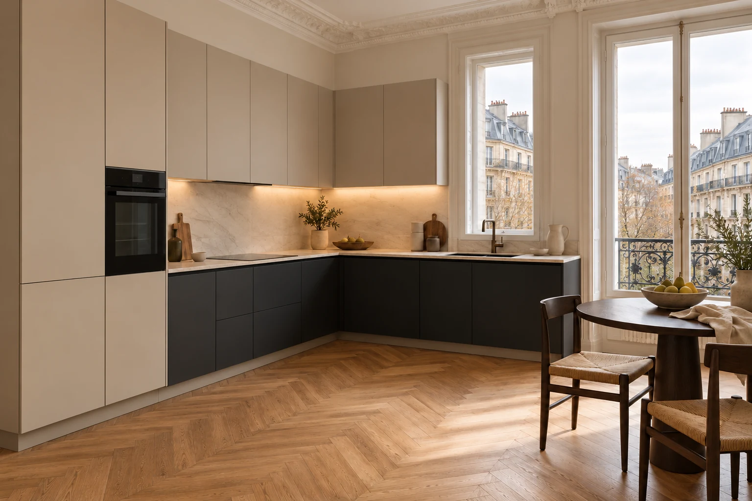 Cuisine aux portes sans poignée beige et anthracite, posées sur des caissons existants : percer les charnières d'une porte compatible IKEA Faktum